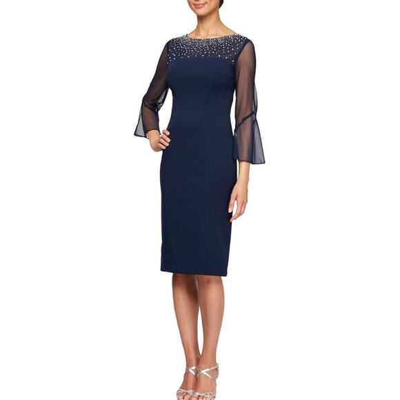 Alex Evenings Womens Short Shift Dress Embellished Illusion Detail Size 4 Navy - Picture 1 of 13